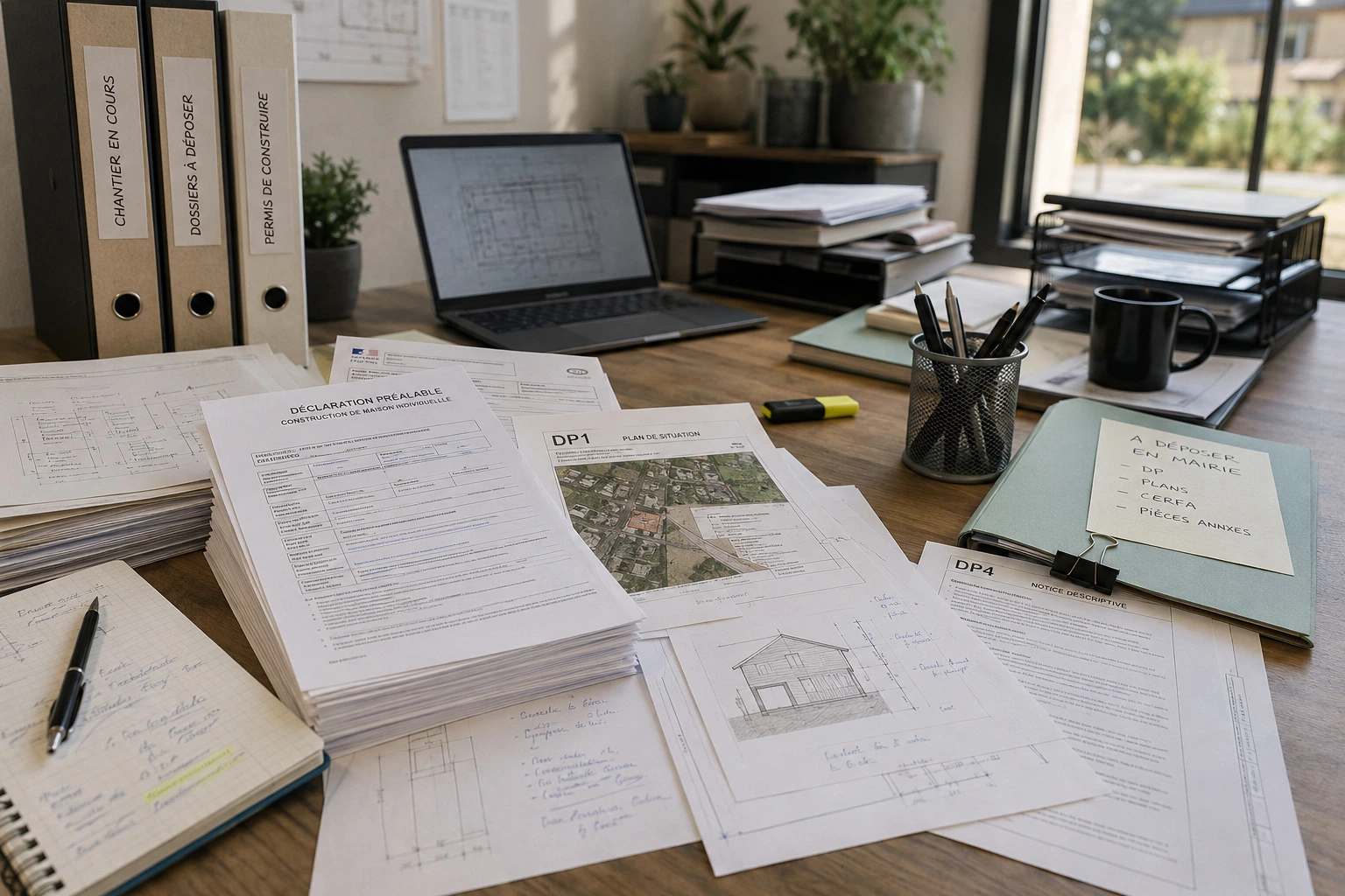 Dossier de déclaration préalable en préparation : formulaire Cerfa, plan de situation DP1, notice descriptive DP4 et pièces à déposer en mairie