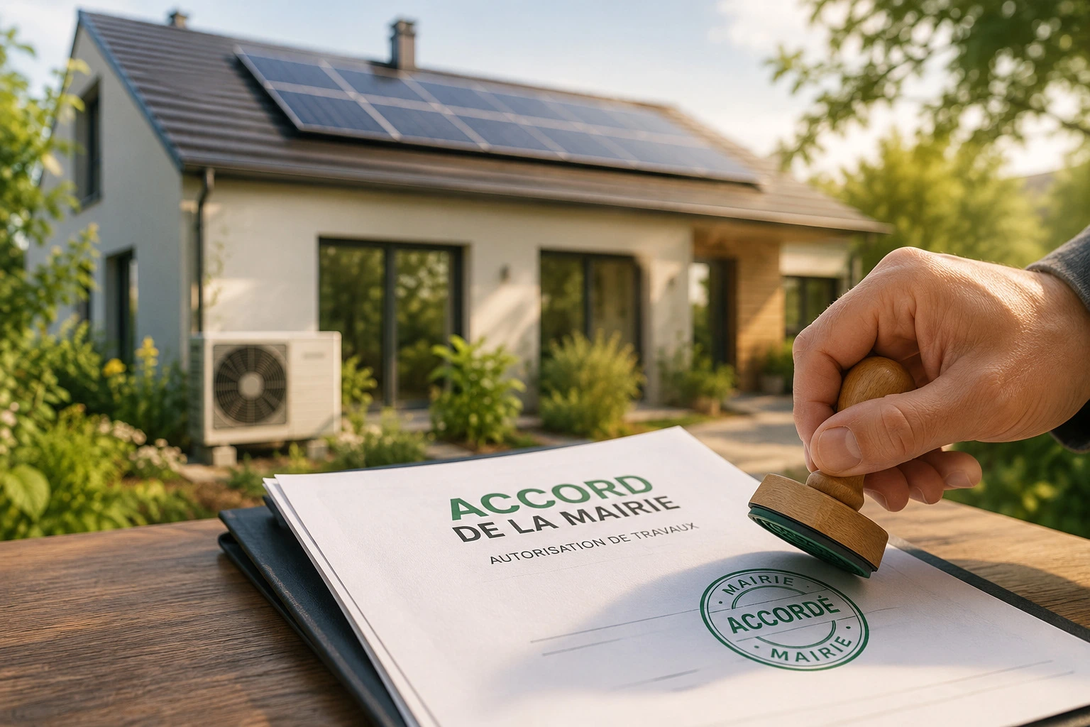 Autorisation de travaux accordée par la mairie, document tamponné « Accordé » devant une maison équipée de panneaux photovoltaïques et d'une pompe à chaleur
